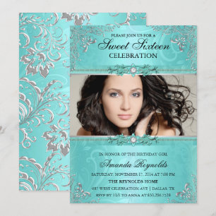 Invitation Élégant Turquoise et argent Sweet sixteen Floral I