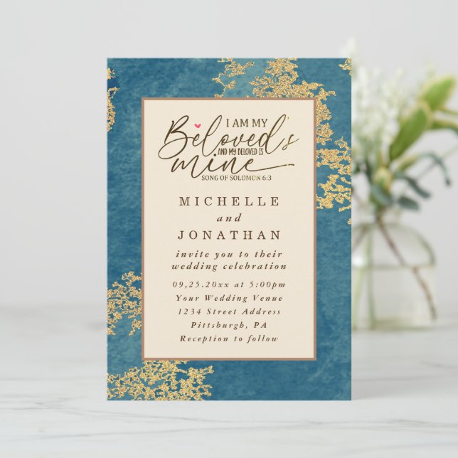 Invitation Élégant Turquoise et or Bible Mariage chrétien (Debout devant)
