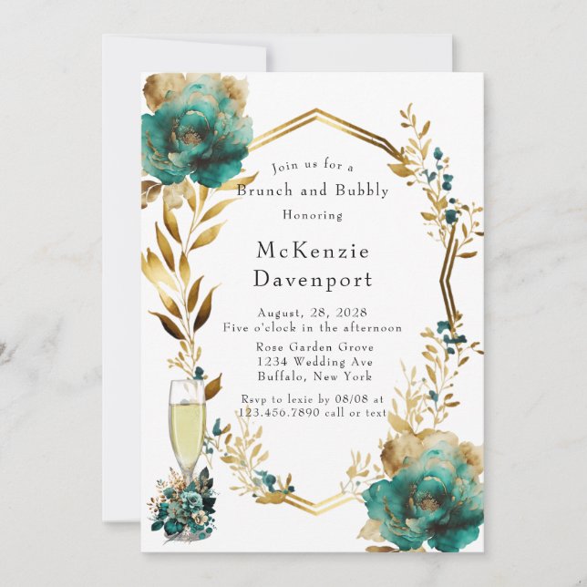 Invitation Elégant Turquoise et or Floral Brunch et Bubbly In (Devant)