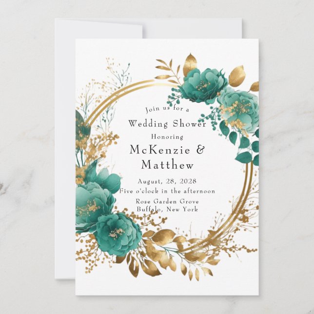 Invitation Elégant Turquoise et or Floral Wedding shower Invi (Devant)