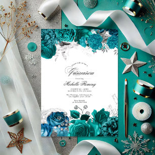 Invitation Elégant Turquoise et Silver Floral Quinceañera Pho