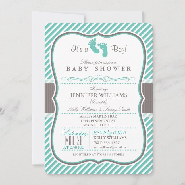 Invitation Elégant Turquoise et Taupe Baby shower pieds bébé (Devant)