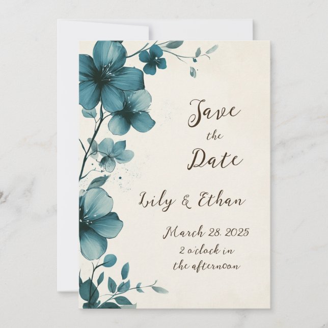 Invitation Élégant Turquoise floral Enregistrer la date (Devant)