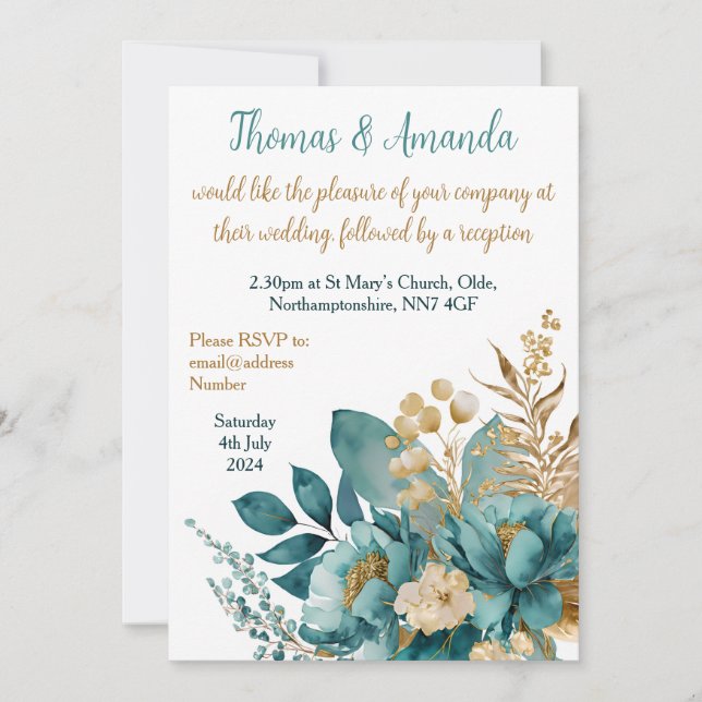 Invitation Elégant Turquoise & Gold Floral mariage (Devant)