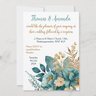 Invitation Elégant Turquoise & Gold Floral mariage