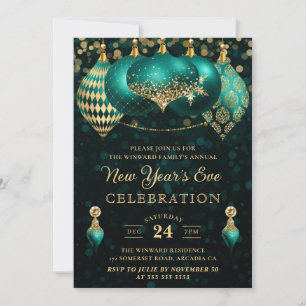 Invitation Elégant Turquoise & Gold Winter Baubles Nouvel An