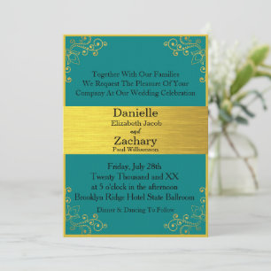 Invitation Élégant Turquoise moderne et Mariage horizontal or