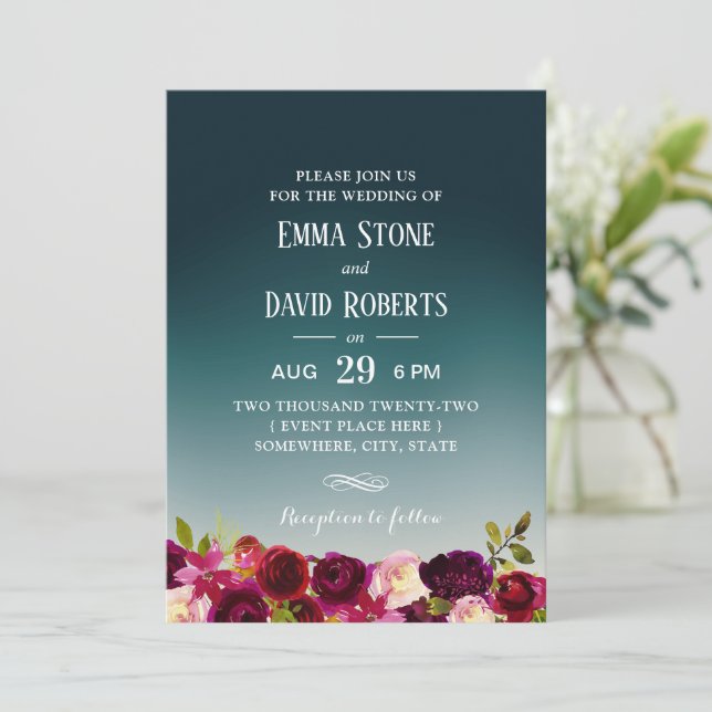 Invitation Élégant Turquoise Ombre Bourgogne Rouge Floral Mar (Debout devant)
