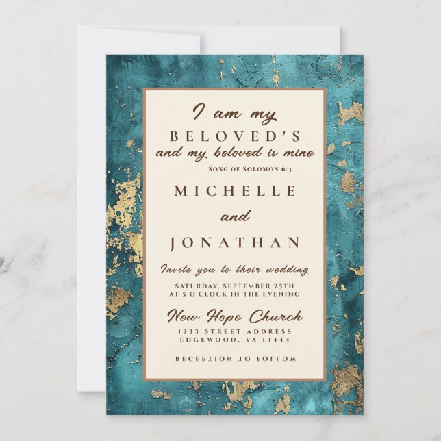 Invitation Élégant Turquoise or Bible Verse Mariage chrétien (Devant)