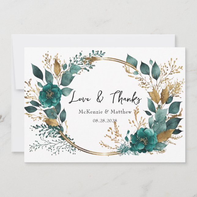 Invitation Elégant Turquoise or Floral Mariage Amour & Merci (Devant)
