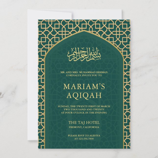 Invitation Élégant Turquoise or islamique Mihrab Aqiqah (Devant)