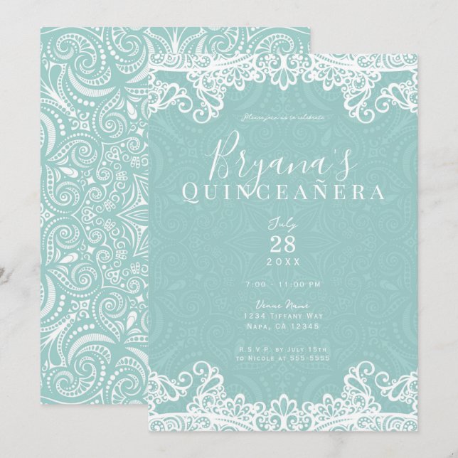 Invitation Elégant Turquoise Turquoise & Dentelle 15ème Quinc (Devant / Derrière)