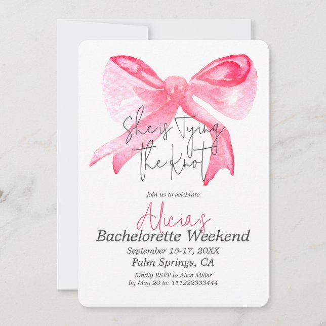 Invitation Élégant Tying Knot Pink Bow Bachelorette Party (Devant)