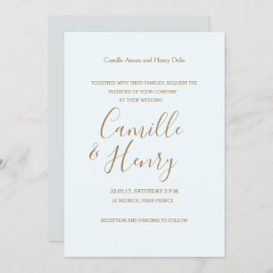 Invitation Élégant type bleu clair or gris mariage moderne