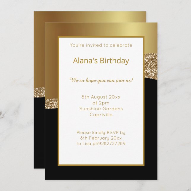 INVITATION ELÉGANT VAGUAGE MODERNE BLANC OR CLASSIQUE (Devant / Derrière)