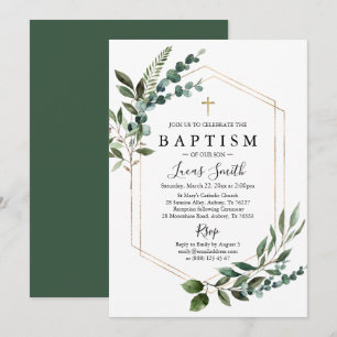 Invitation Elégant Verdure Eucalyptus Gold Cross Baptême