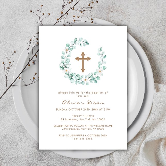 Invitation Elégant Verdure Eucalyptus Gold Cross Baptême (Elegant Greenery Eucalyptus Gold Cross Baptism Invitation)