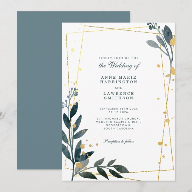 Invitation Elégant verdure or Mariage géométrique (Devant / Derrière)
