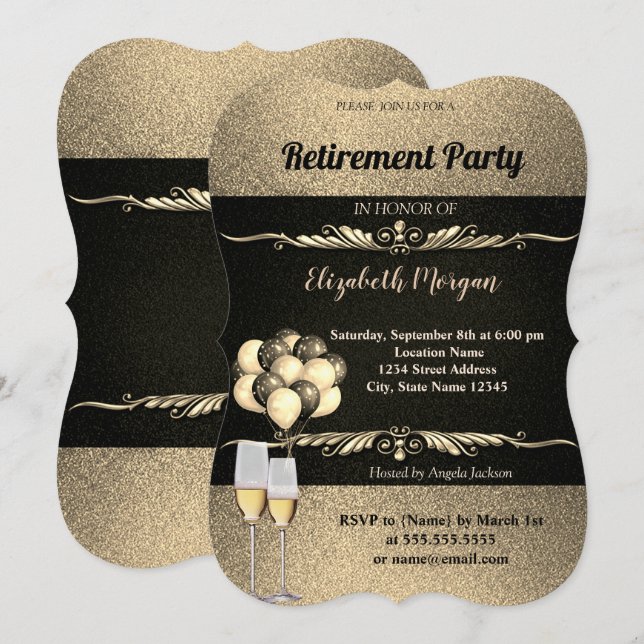 Invitation Elégant verre de vin or, Ballons, Parti de retrait (Devant / Derrière)