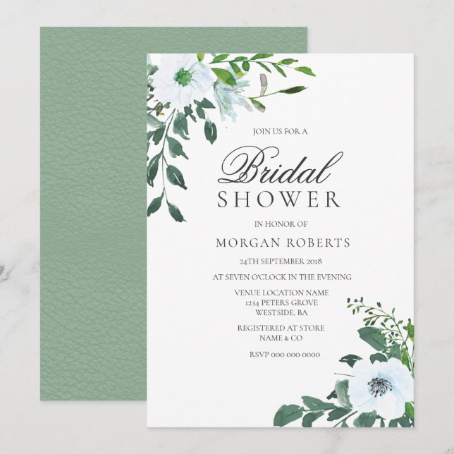 Invitation Elégant vert Blanc Floral Fête des mariées Invitat (Devant / Derrière)