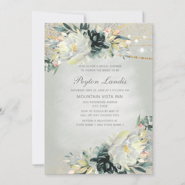 Invitation Élégant Vert Blanc Floral Or Lumières Bridal (Devant)