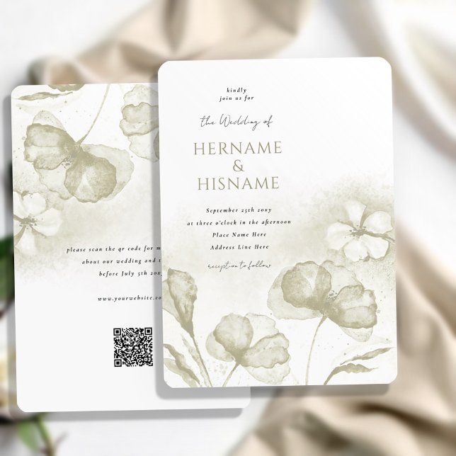 Invitation Élégant vert d'olive clair Floral QR RSVP Mariage (Créateur téléchargé)