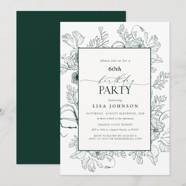 Invitation Élégant vert émeraude 60e anniversaire Floral (Devant / Derrière)