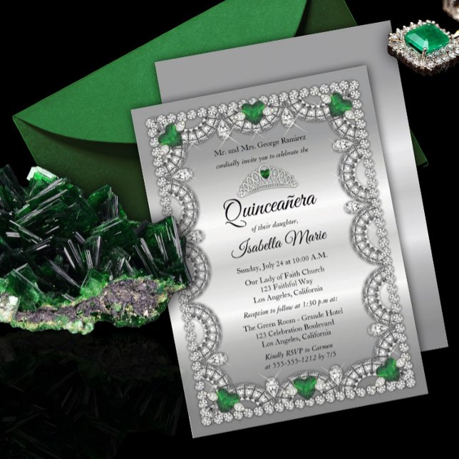 Invitation Élégant vert émeraude | Diamond Crown Quinceañera (Créateur téléchargé)
