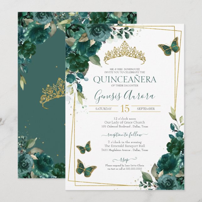 Invitation Élégant vert émeraude du papillon Quinceañera (Devant / Derrière)
