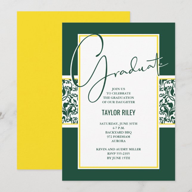 Invitation Élégant vert et jaune Damas Graduation (Devant / Derrière)