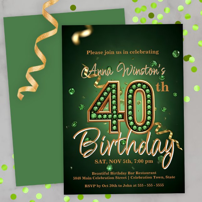 Invitation Elégant Vert et Or 40e anniversaire Célébration (Créateur téléchargé)