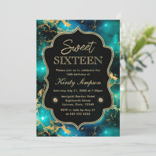 Invitation Élégant Vert et Or Galaxie Marbre Sweet Sixteen