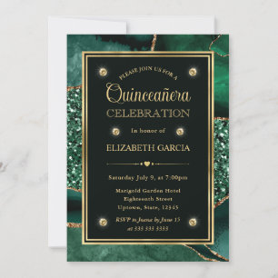 Invitation Élégant Vert et Or Paillettes Agate Quinceanera