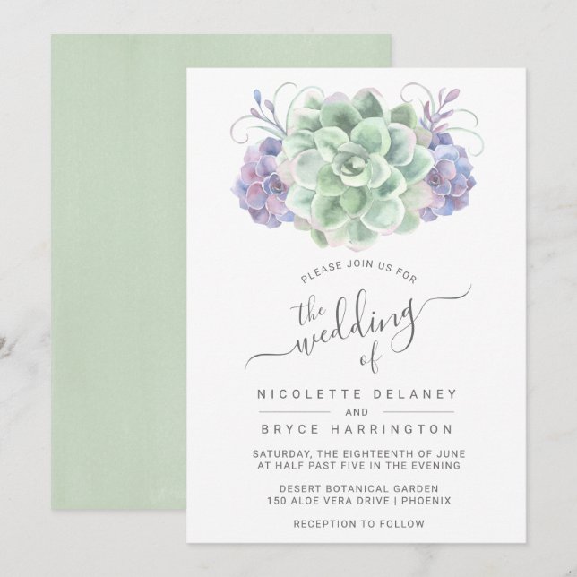 Invitation Élégant vert et violet Mariage Succulent (Devant / Derrière)