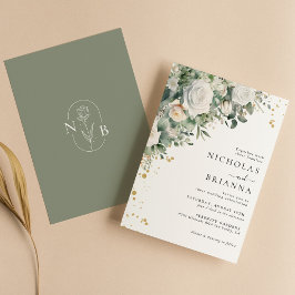 Invitation Elégant vert Eucalyptus Rose blanche Mariage
