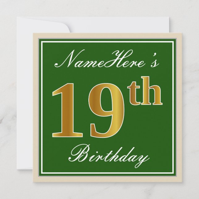 Invitation Elégant, vert, Faux Gold 19e anniversaire + Nom (Devant)