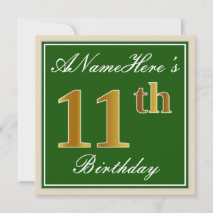 Invitation Elégant, Vert, Faux Or 11ème Anniversaire + Nom