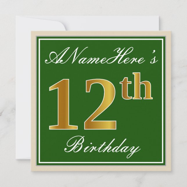 Invitation Elégant, Vert, Faux Or 12ème Anniversaire + Nom (Devant)
