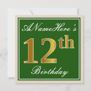 Invitation Elégant, Vert, Faux Or 12ème Anniversaire + Nom