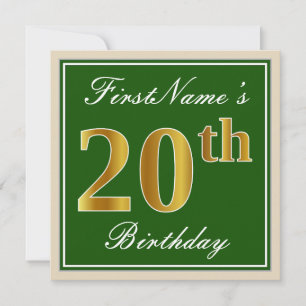 Invitation Elégant, Vert, Faux Or 20ème Anniversaire + Nom