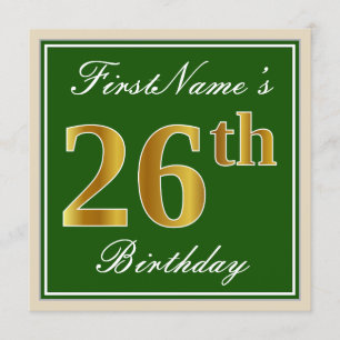 Invitation Elégant, Vert, Faux Or 26ème anniversaire + Nom