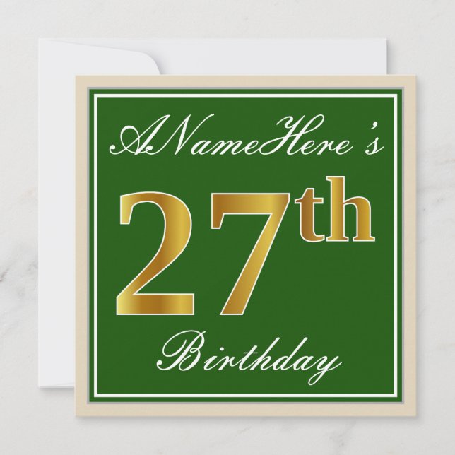 Invitation Elégant, Vert, Faux Or 27ème Anniversaire + Nom (Devant)