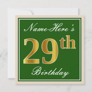 Invitation Elégant, Vert, Faux Or 29ème Anniversaire + Nom
