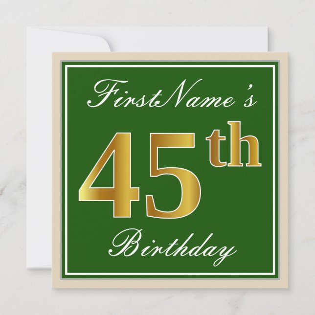 Invitation Elégant, Vert, Faux Or 45ème Anniversaire + Nom (Devant)
