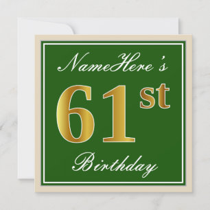 Invitation Elégant, Vert, Faux Or 61ème Anniversaire + Nom
