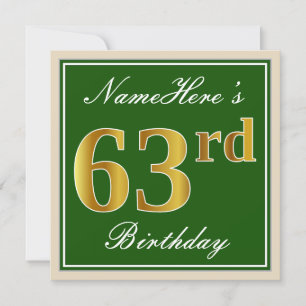 Invitation Elégant, Vert, Faux Or 63ème anniversaire + Nom