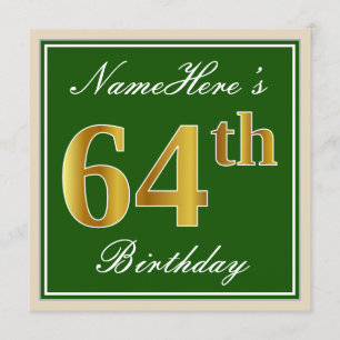 Invitation Elégant, Vert, Faux Or 64ème anniversaire + Nom