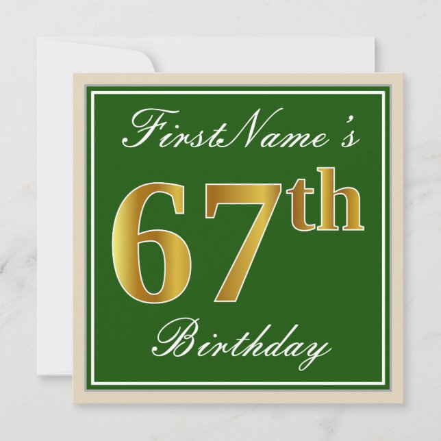 Invitation Elégant, Vert, Faux Or 67ème anniversaire + Nom (Devant)