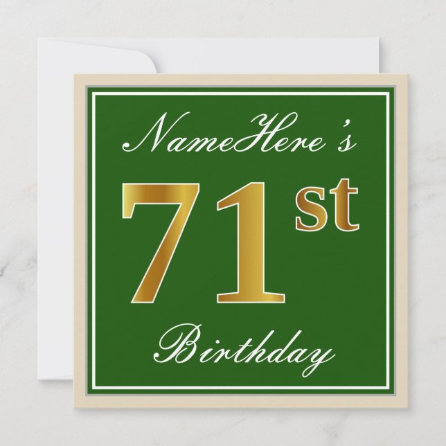 Invitation Elégant, Vert, Faux Or 71ème Anniversaire + Nom (Devant)