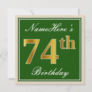 Invitation Elégant, Vert, Faux Or 74ème Anniversaire + Nom